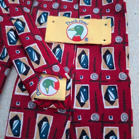 Duck Head Red Silk Necktie With Geometric Pattern & Unique Duck Logo Design - Picture 3 of 6